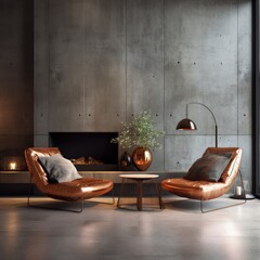 Two copper lounge hairs against concrete wall. Loft interior design of modern living room