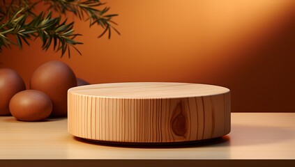 Wooden podium on an orange background, generative AI