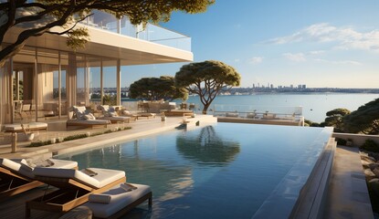 Fototapeta premium Terrace with a view of the ocean, generative ai