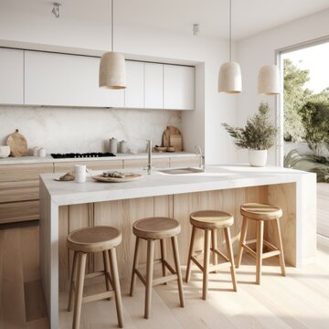 White scandinavian interior design of kitchen with marble island and wooden stools