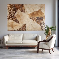 White sofa and armchair against tiled wall with animal skins as wall decor. Interior design of modern living room