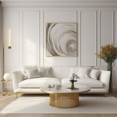 White sofa and golden coffee tables in bright mid century room. Interior design of modern living room