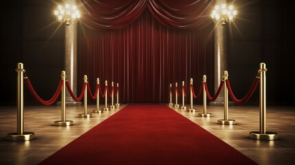 Photo of a luxurious red carpet event with gold poles and a grand entrance