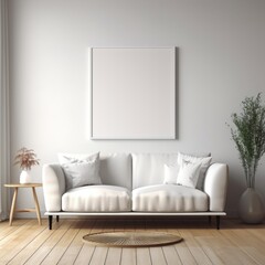 White sofa and wall with empty mock up poster frame. Scandinavian style interior design of modern living room