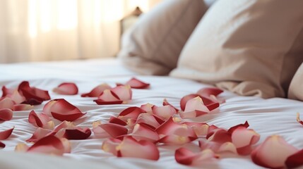 Obraz na płótnie Canvas Photo of a romantic hotel room with rose petals scattered on the bed