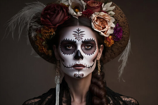 Young woman with the Day of the Dead make up and costume, Mexican tradition, generative AI