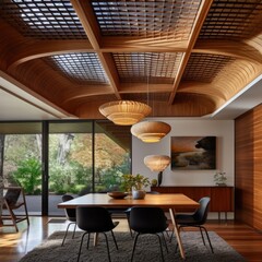 Wooden abstract mesh ceiling in mid-century dining room. Interior design of modern home