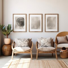 Wooden armchair near white stucco wall with three posters. Boho interior design with home decor