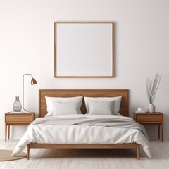 Wooden bed near white wall with empty mockup poster frame. Interior design of modern bedroom