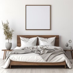 Fototapeta na wymiar Wooden bed near white wall with empty mockup poster frame. Interior design of modern bedroom