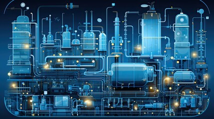 Fototapeta premium AI-generated illustration of a stylized complex refinery system, at night. MidJourney.