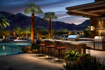 custom outdoor kitchen & living area design of high-end luxury style custom homes