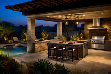 Fototapeta premium custom outdoor kitchen & living area design of high-end luxury style custom homes