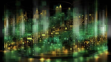 AI-generated illustration of a futuristic nighttime cityscape, as seen through a round holographic pavilion. MidJourney.