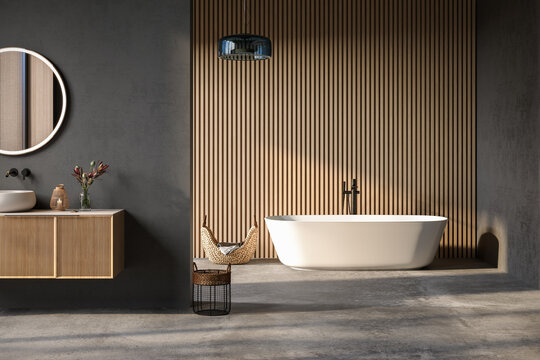 Comfortable bathtub and vanity with basin standing in modern bathroom black blue and wooden walls and concrete floor.Front view  3d Rendering