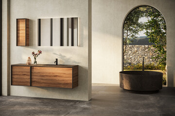 Modern bathroom with marble basin, vanity and round mirror, a round bathtub, and a sleek concrete...