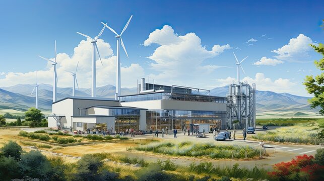 AI-generated illustration of a sustainable factory. MidJourney.