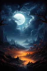 Foto op Plexiglas Happy Halloween spooky scary moon night scene horror landscape background. Creepy dark forest woods trees, moon and Happy Haloween ghosts gothic mysterious sky moonlight gloomy scenery backdrop. © Synthetica