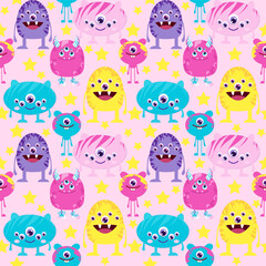 Cartoon  monsters character seamless pattern cute kawaii on pink background 