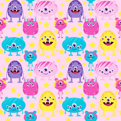 Naklejka premium Cartoon monsters character seamless pattern cute kawaii on pink background 