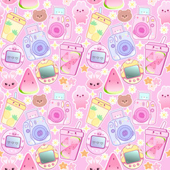 seamless pattern with kawaii retro elements photo, digital, cartoon character , food, stars and accessories, 2000 90's