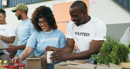Happy people, volunteer and box in high five, teamwork charity and community service in NGO. Group of volunteering workers or team packing parcel, package or boxes in donation, social or contribution - Powered by Adobe