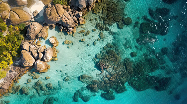 Aerial view of rocky coastline, crystal clear turquoise water.