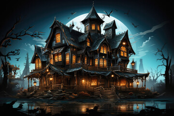 Fototapeta premium Happy Halloween spooky scary moon night scene horror landscape background. Creepy dark forest woods trees, moon and Happy Haloween ghosts gothic mysterious sky moonlight gloomy scenery backdrop.