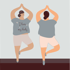 Body positivity cute young plump girl with more size-inclusive body do yoga.Plumpish lady in tree pose.Concept of evolving beauty standards and diversity.Inscription I love my body.Vector illustration