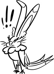 Vector drawing of bird with bunny head. Black and white, hand drawn, contour, silhouette, cartoon style, doodle. Animal, rabbit, strange,weird,hybrid,cute,funny,silly, nature,wild,feathers,ears,wings.
