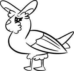 Vector drawing of bird with bunny head. Black and white, hand drawn, contour, silhouette, cartoon style, doodle. Animal, rabbit, strange,weird,hybrid,cute,funny,silly, nature,wild,feathers,ears,wings.