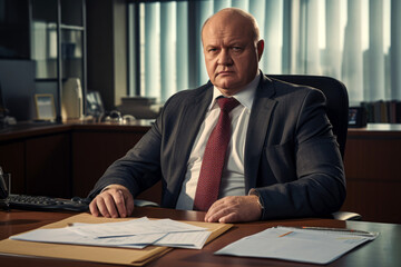 Big corporation chief officer sitting at his office desk looking at the camera, serious, confident