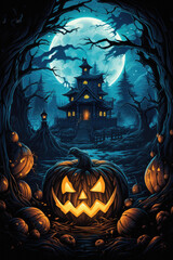 Fototapeta premium Happy Halloween spooky scary moon night scene horror landscape background. Creepy dark forest woods trees, moon and Happy Haloween ghosts gothic mysterious sky moonlight gloomy scenery backdrop.