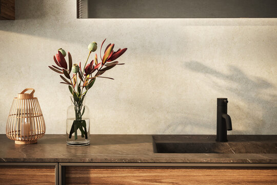Minimalistic bathroom featuring a marble basin with black faucet and mirror, flower . This mockup-ready countertop can serve as a display stand for bathroom products  3d Rendering