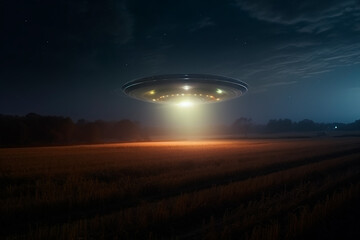 UFO at the night field, grey lights of UFO