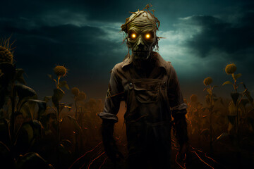 Fototapeta premium A mystic scarecrow on a field field near the farm, field at the nigh