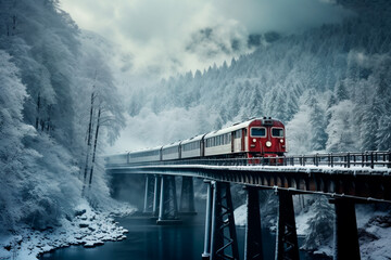 A train is moving on the winter bridge