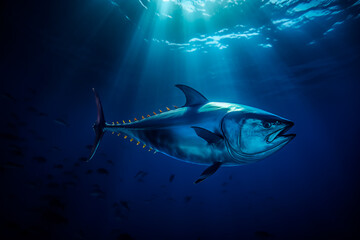 A tuna fish in the centre of a dark ocean. Tuna in a big ocean