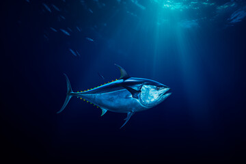 A tuna fish in the centre of a dark ocean. Tuna in a big ocean