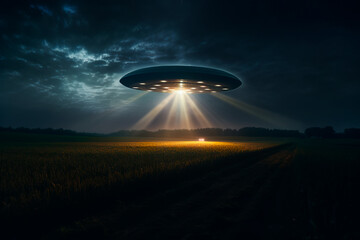 Obraz na płótnie Canvas UFO at the night field, grey lights of UFO