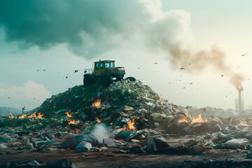 Fototapeta premium Landfill of plastick, machine recycles the plastick