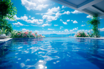 A big pool with blue water, swimming atmosphere, blue pool