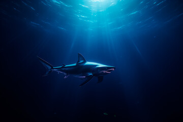 Obraz premium A lonely shark is hunting in the dark ocean