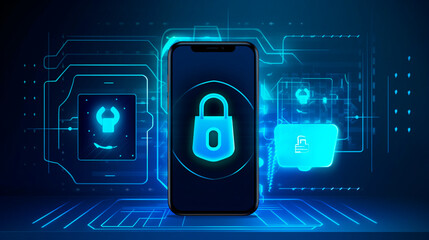Smartphone digital identity and cybersecurity concept. Wide banner of mobile phone using biometric digital finger print and Two-factor authentication. Generative AI