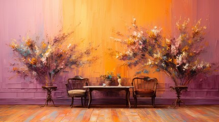 A sitting area with a plain painted background. Generative AI. 