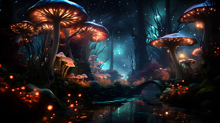 there are many mushrooms that are in the woods at night Generative AI