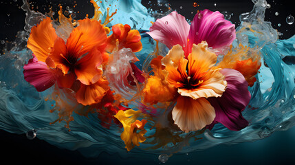 flowers are splashing in a blue bowl with water Generative AI