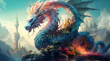 Fototapeta na wymiar there is a dragon that is sitting on a rock in the water Generative AI