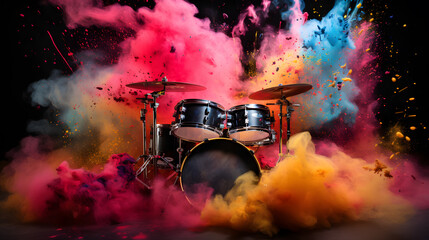arafed drum set with colored powder in the air Generative AI