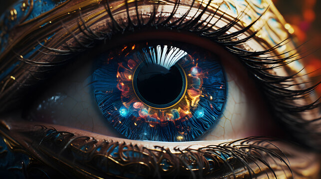 there is a close up of a blue eye with a gold ring Generative AI